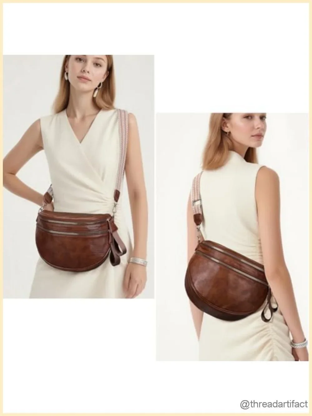 PU Leather Crossbody Fanny Pack Double Zip Multi Compartment with 2 Adjustable
